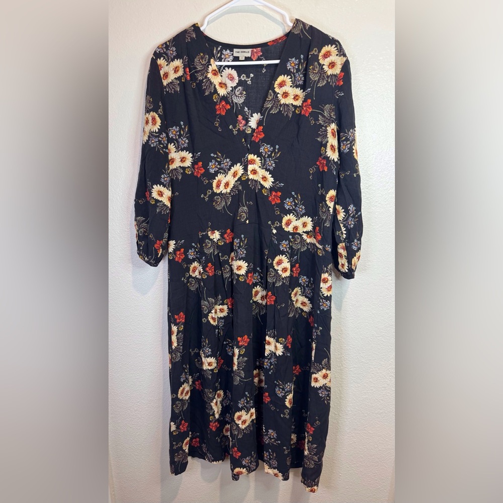 The Odells x Anthropologie Black Floral Print Rayon‎ V-neck Midi Dress Size M